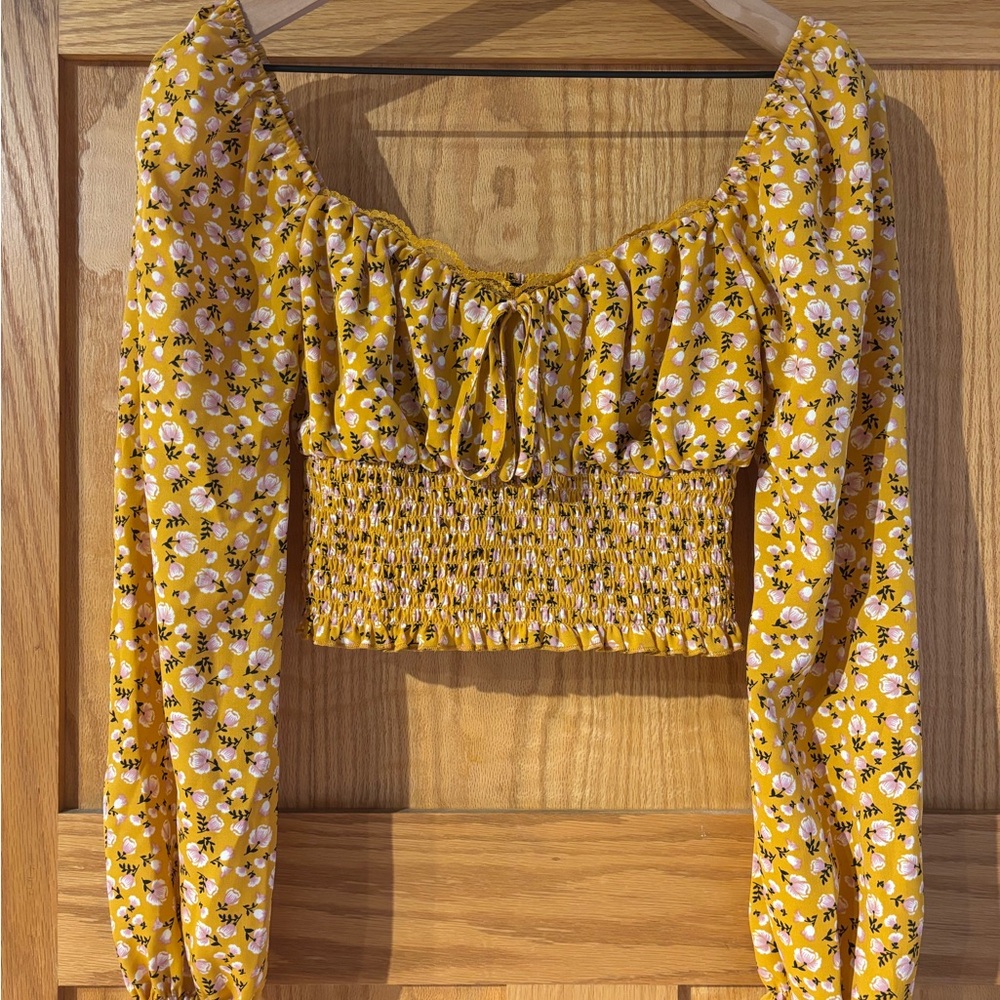 Forever 21 Yellow Floral Smocked Blouse